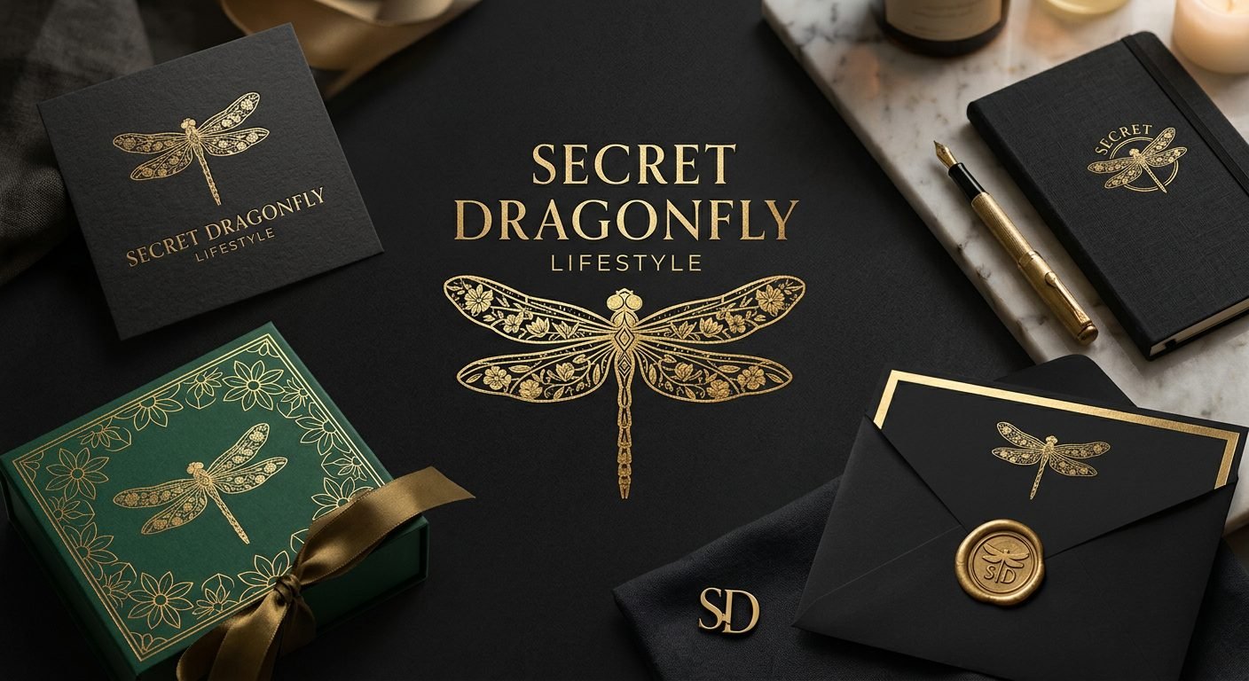 Secret Dragonfly — gold foil dragonfly mark with wax seal and luxury stationery